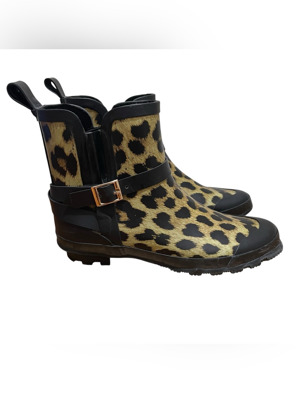 Talbots Leopard Print Rain Boots Black Gold Buckle Women’s Size 9 Ankle Chelsea